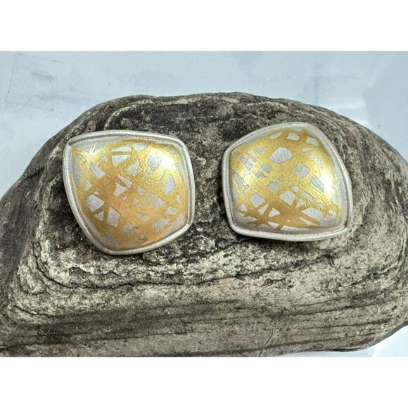 Handcrafted Signed Designer 2-Tone Matte SS Modern Assymetrial Pierced Earrings - Picture 5 of 5